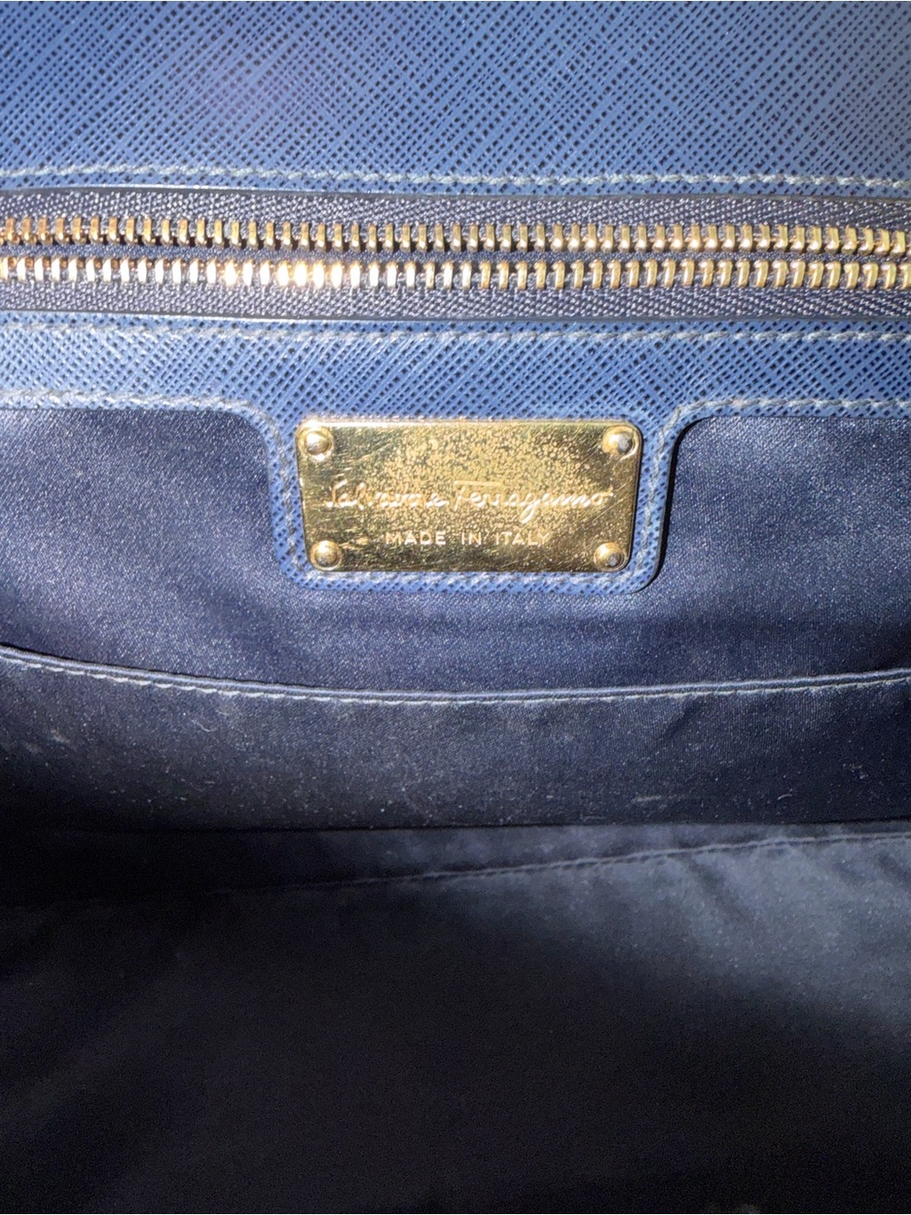 Salvatore Ferragamo Navy Saffiano Leather Vara Shoulder Bag with Gold Hardware - Picture 13 of 16